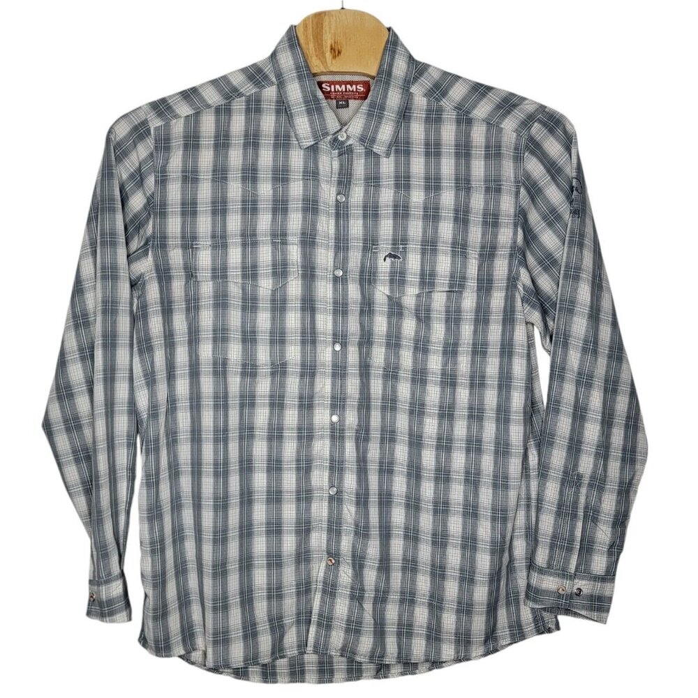 Simms XL Gray Plaid Vented Long Sleeve Western Pearl Snap Men's Fishing‎ Shirt